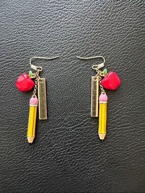 Cute Apple & Pencil Dangle Earrings - Red, Yellow, Gold
